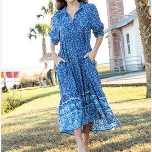 Natural Life Women’s Blue Rebecca Floral Midi Dress Button Front Boho Hippie